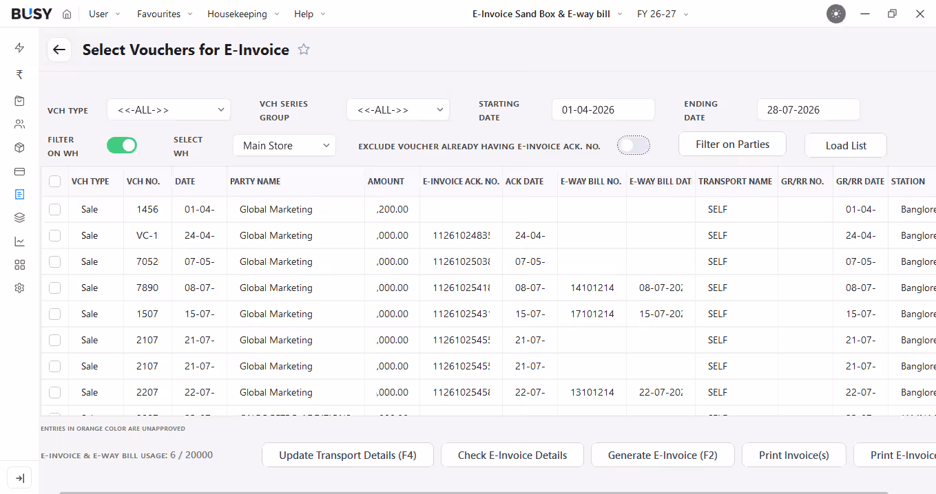 Track generated and pending e-invoices and auto-update GSTR-1 in BUSY