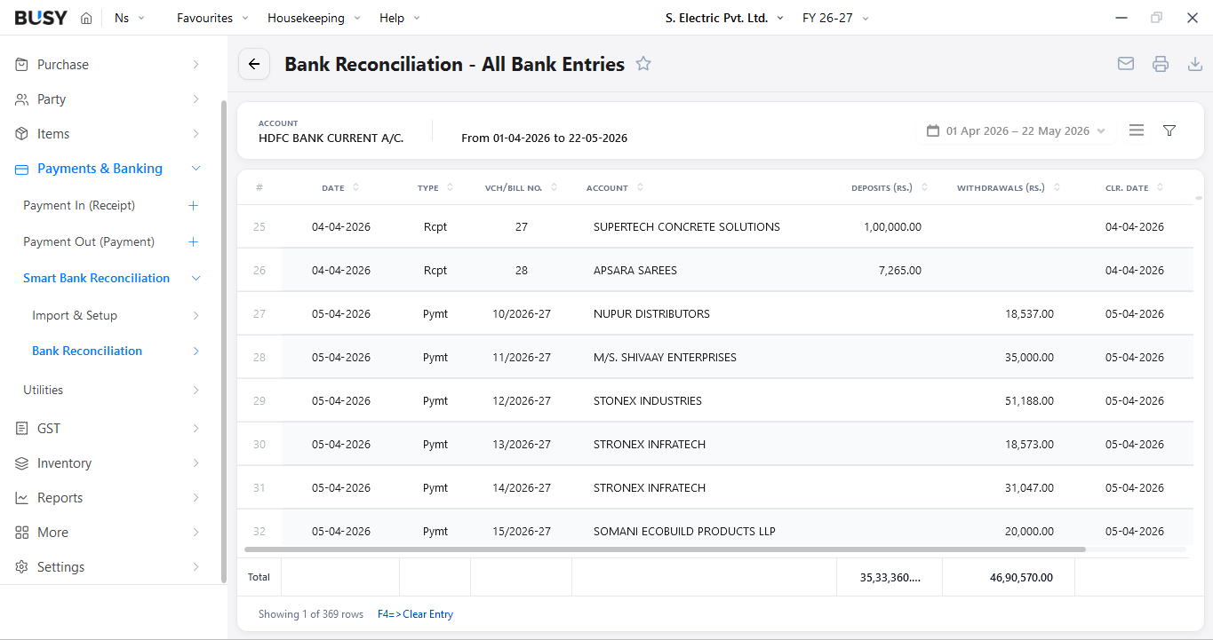 Bank reconciliation and ledger matching in BUSY