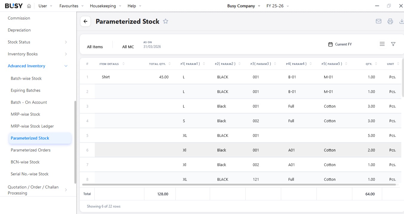 Parameterised stock with variants, batch and serial tracking in BUSY