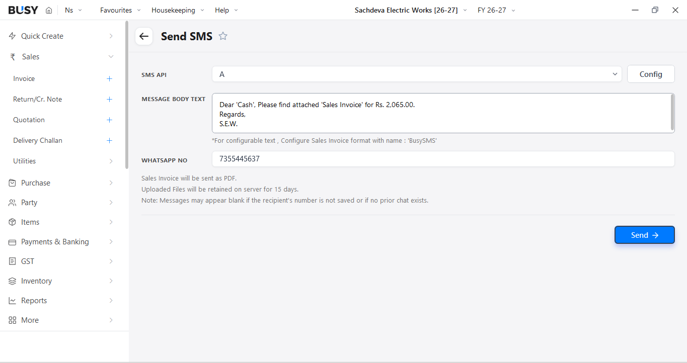 Share invoices on WhatsApp, SMS, or email with BUSY