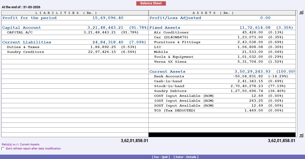 Balance sheet screenshot showing assets and liabilities totals