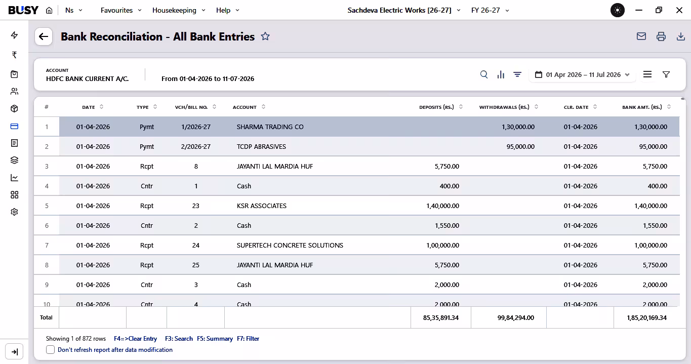 Automatic bank reconciliation in BUSY