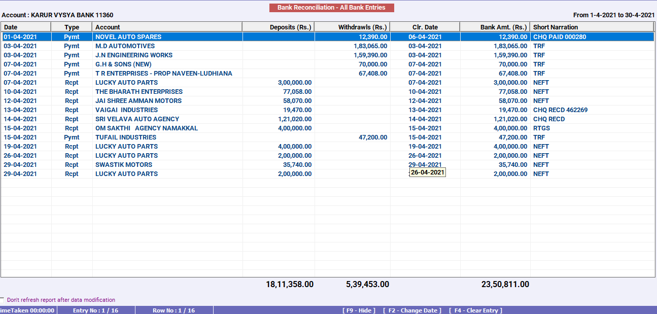 Bank reconciliation statement format in Excel 