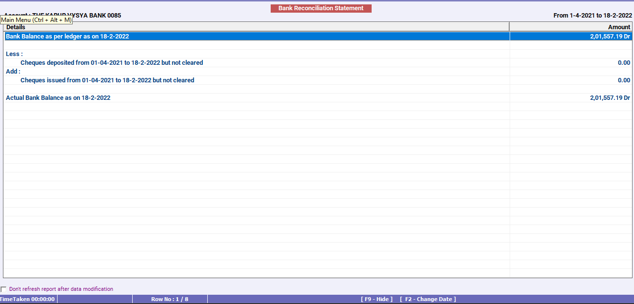 BRS example showing bank balance and book balance adjustments