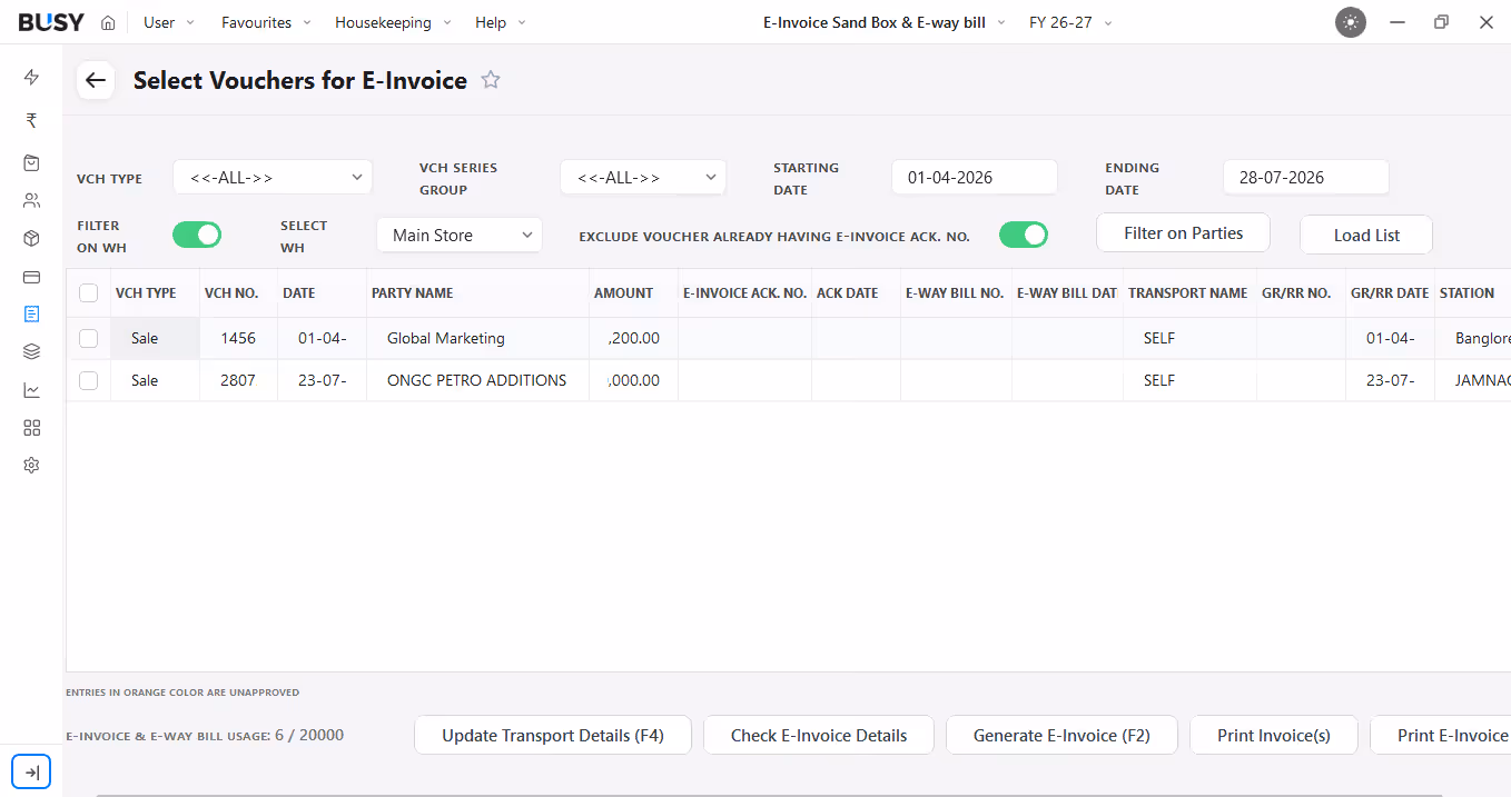 Bulk generation of e-invoices in BUSY