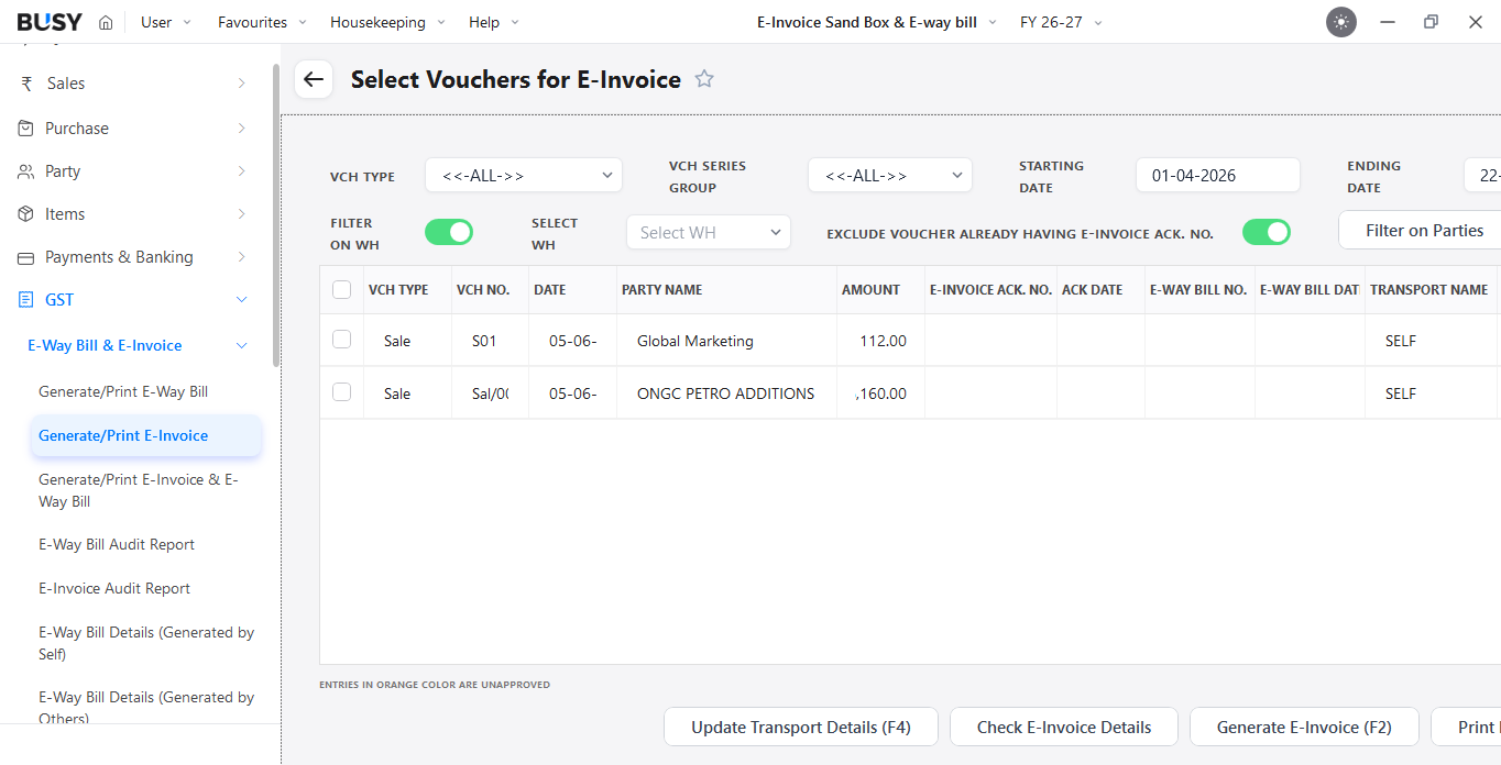 Bulk generation of e-invoices in BUSY