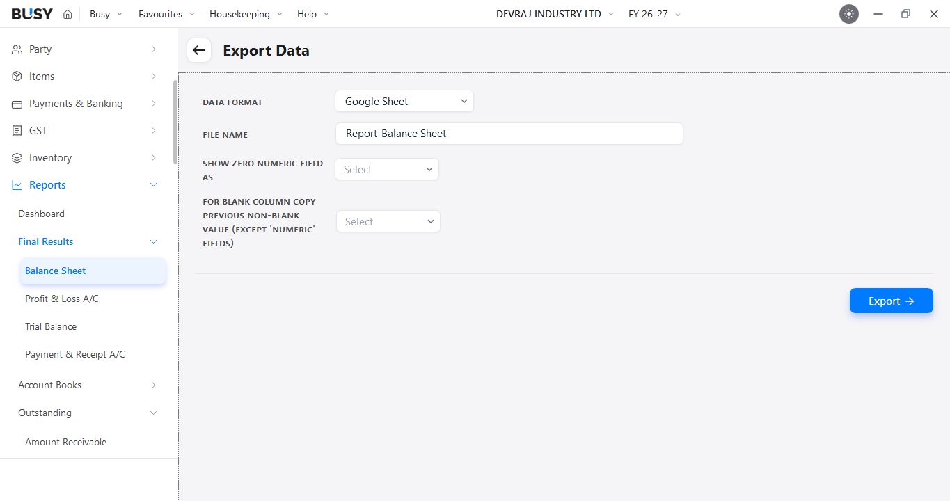 Export any report to Excel or Google Sheets from BUSY