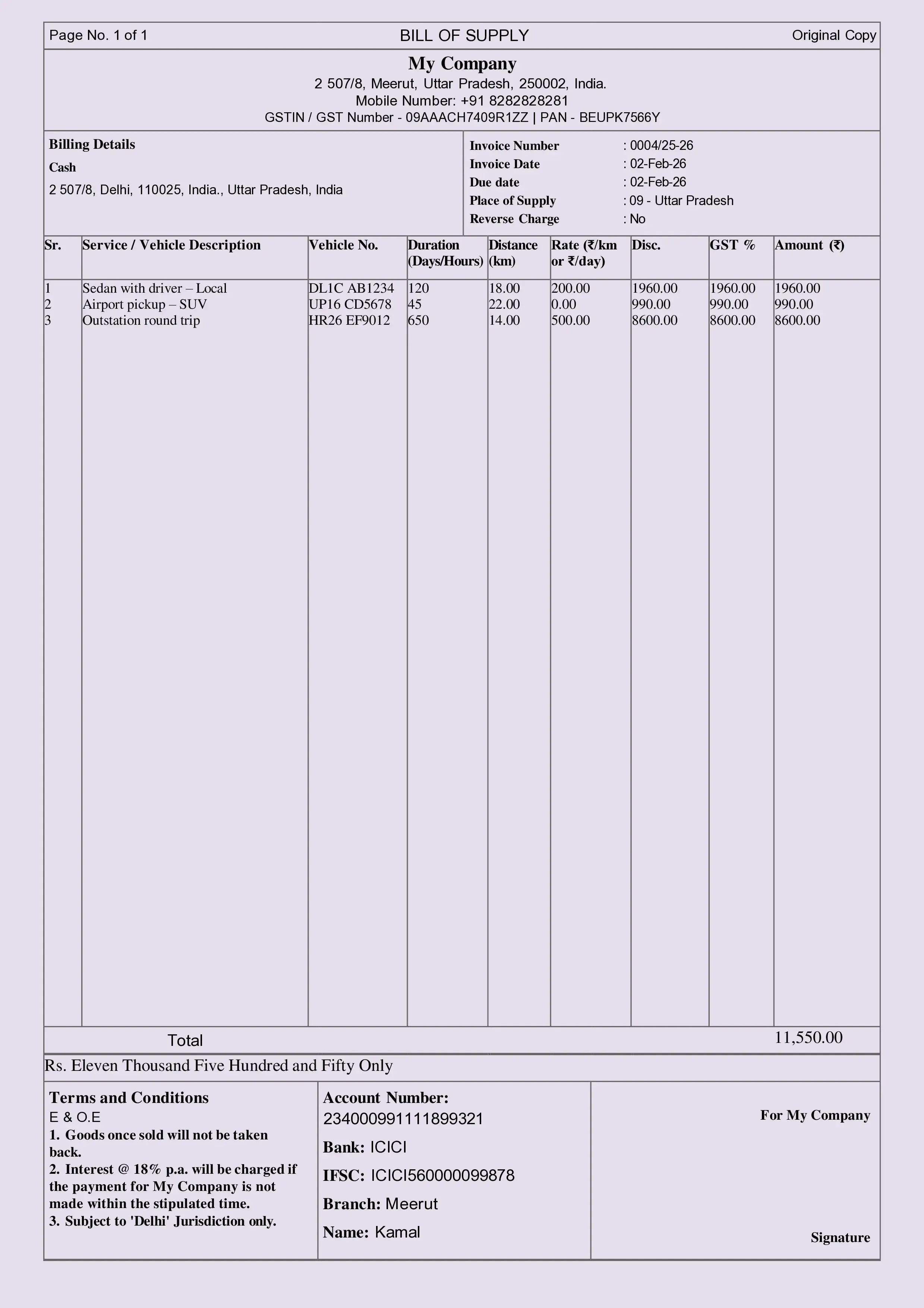 Car Rental Invoice Format Preview