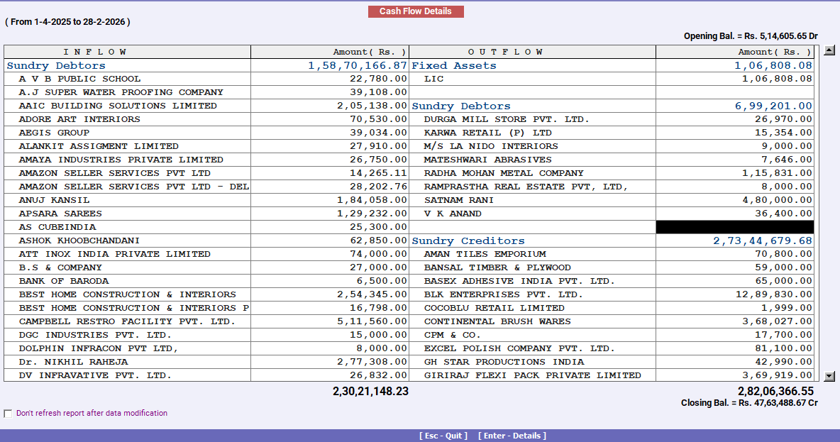 Cash flow statement records in accounting software
