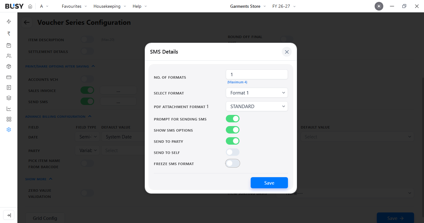 SMS Details window with PDF attachment format and prompt options