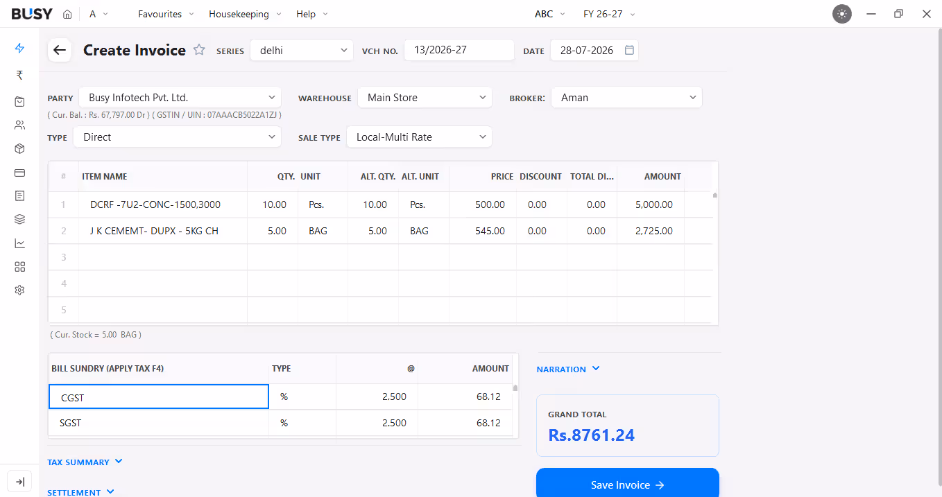 Create GST-ready invoices in BUSY