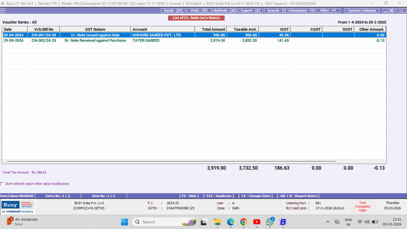 Credit note format Example in Accounting Software