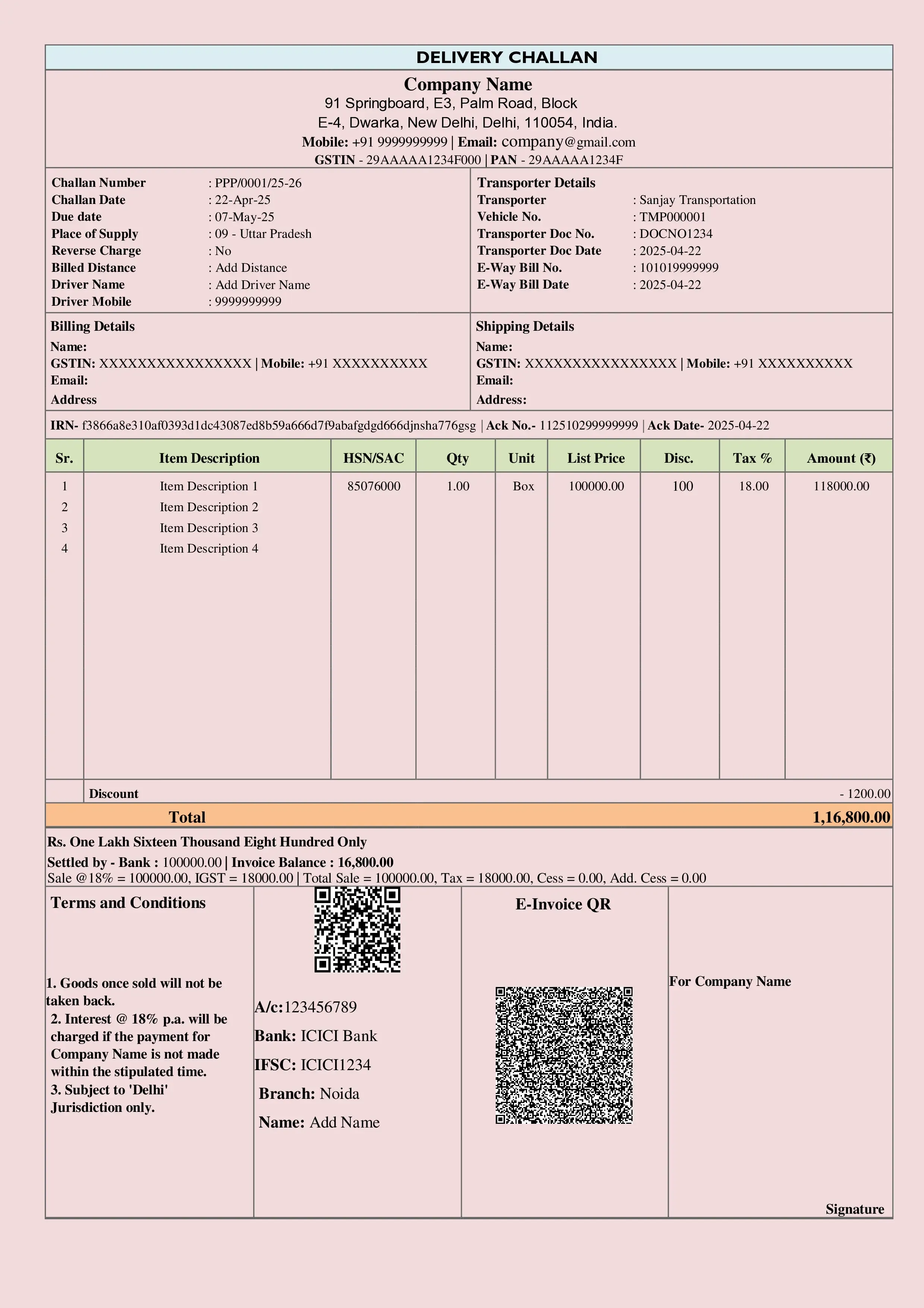 delivery challan format sample for goods sent without sale
