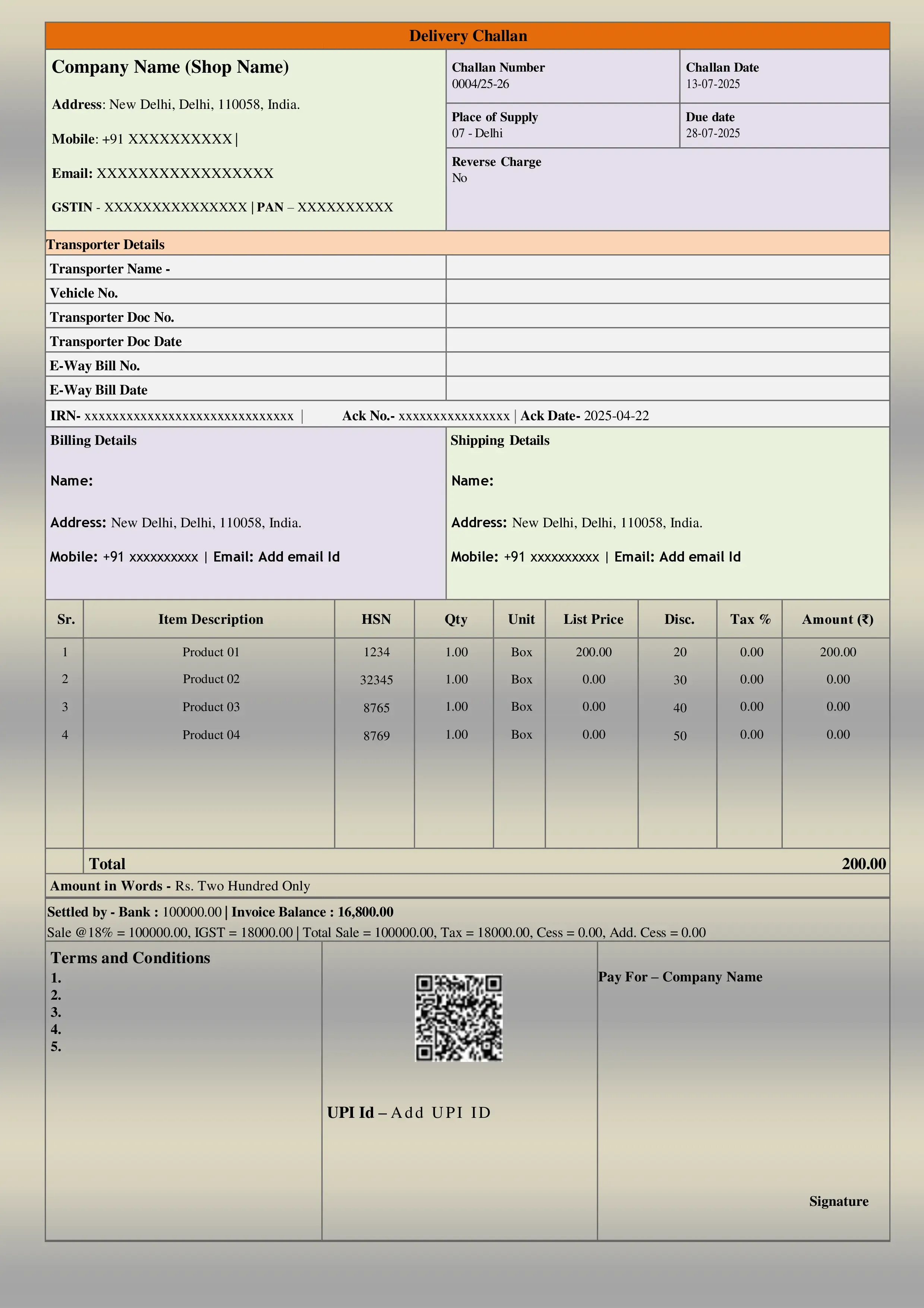delivery challan for free sample and not for sale movement