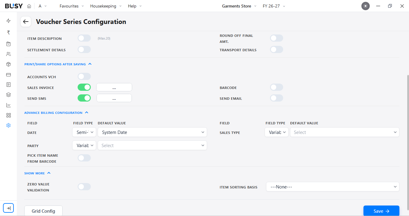 Send SMS enabled in the voucher series configuration