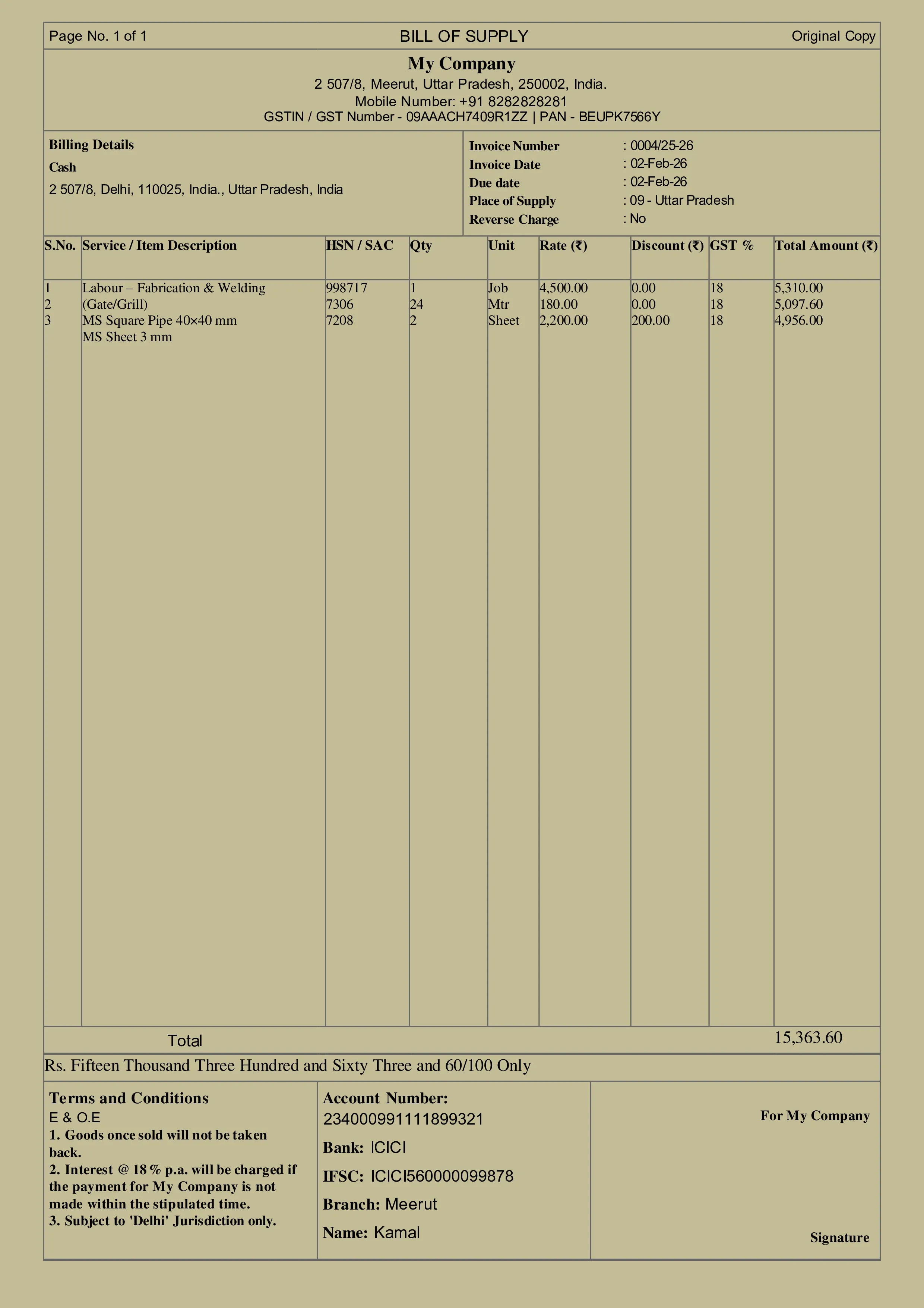 Fabrication Bill Format Preview