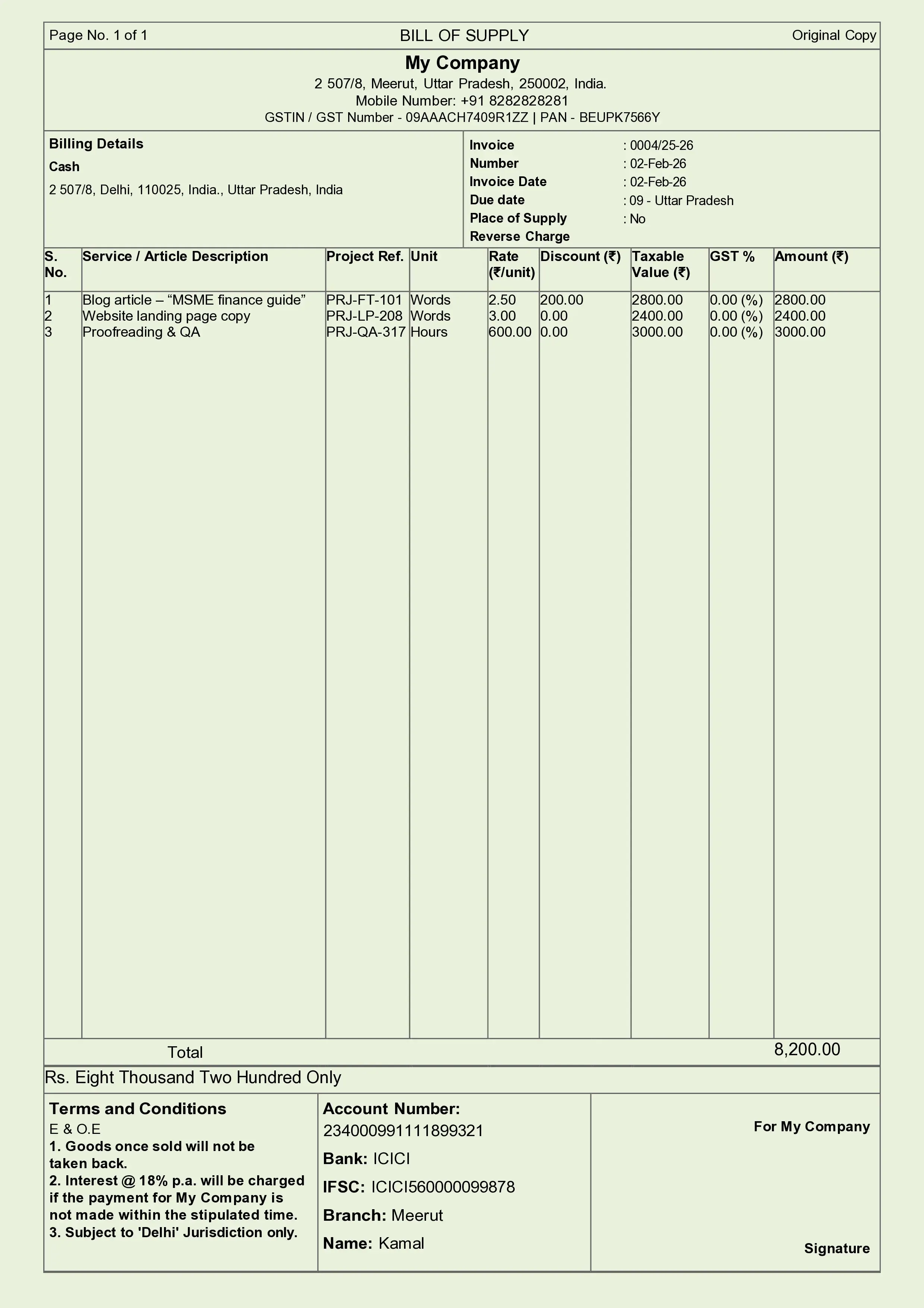 Freelance Writing Bill Format Preview