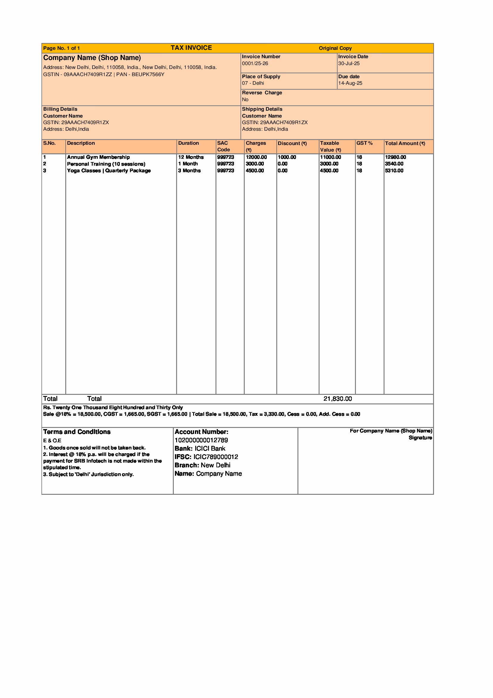 Gym Invoice Template 3 Preview