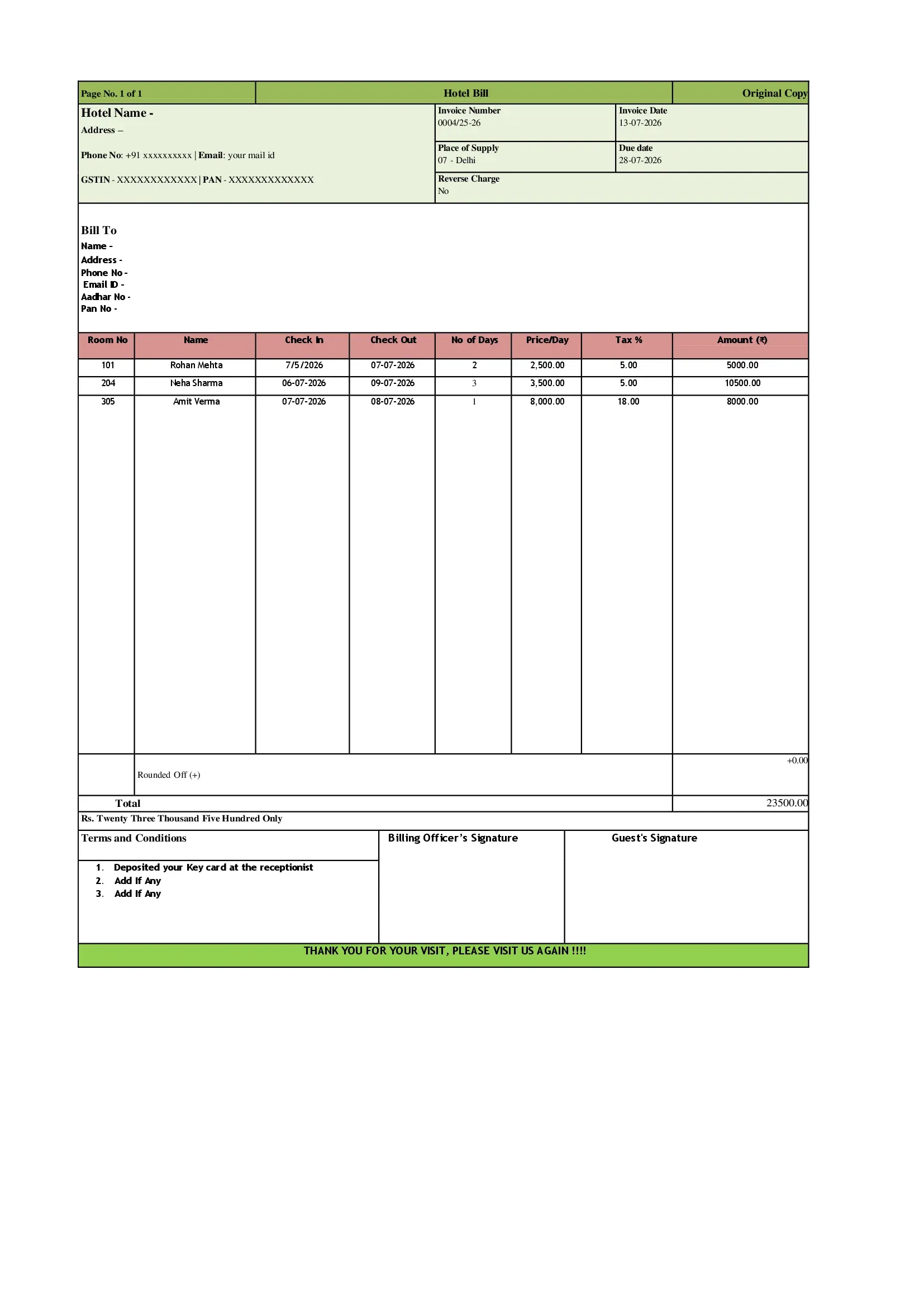 Hotel Invoice Template 3 Preview