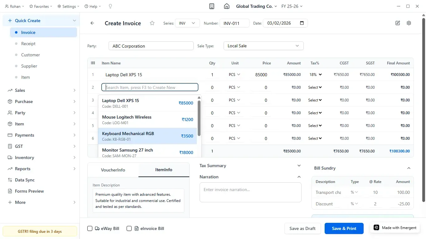 Billing and payment screen