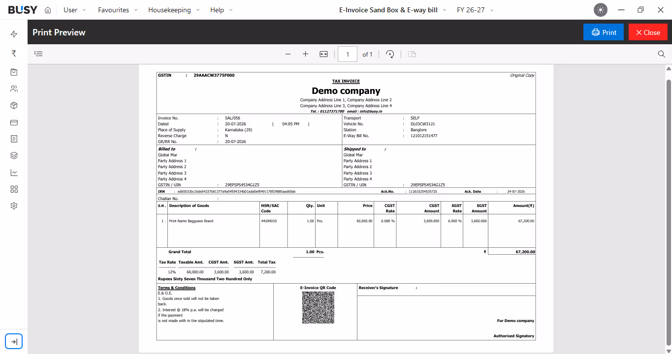 Print invoice with e-invoice QR code and IRN number in BUSY