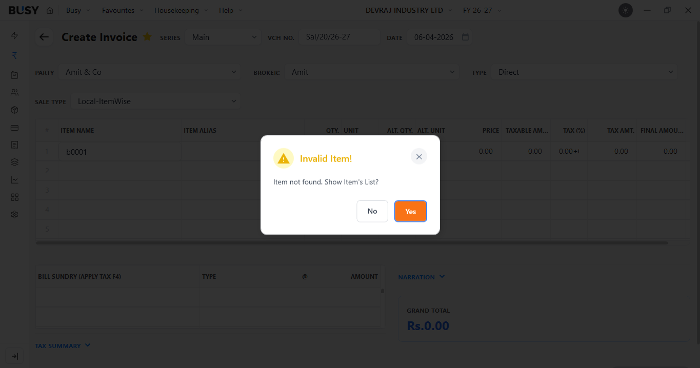Invalid Item warning shown for an unrecognised barcode