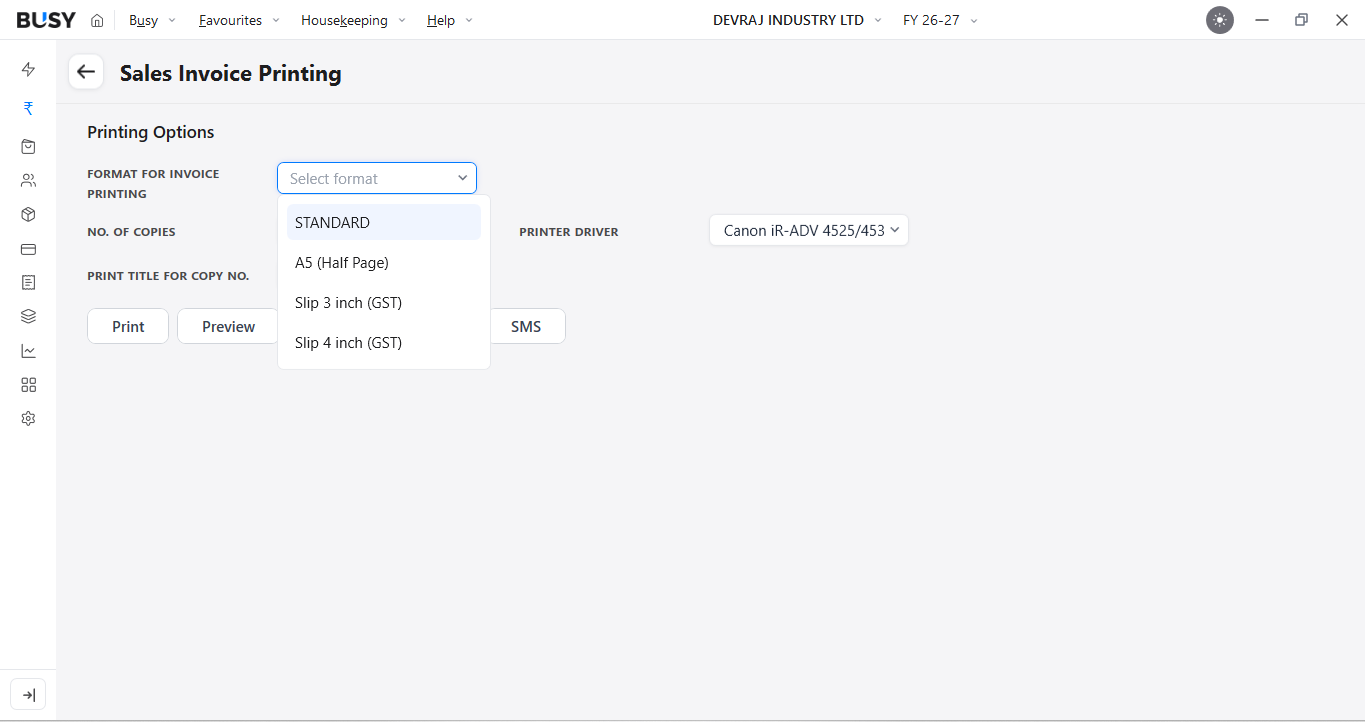Selecting the invoice print format in BUSY