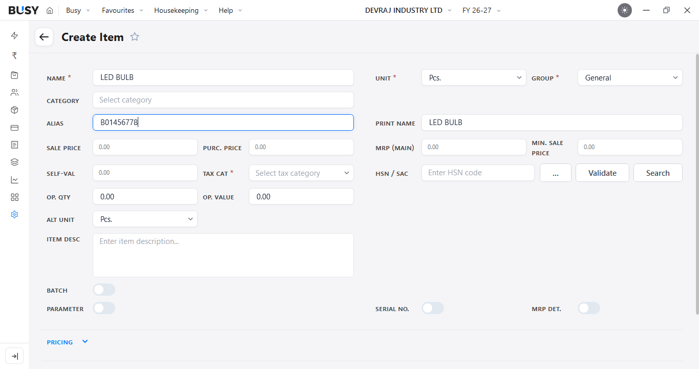 Barcode number entered in the item Alias field in BUSY