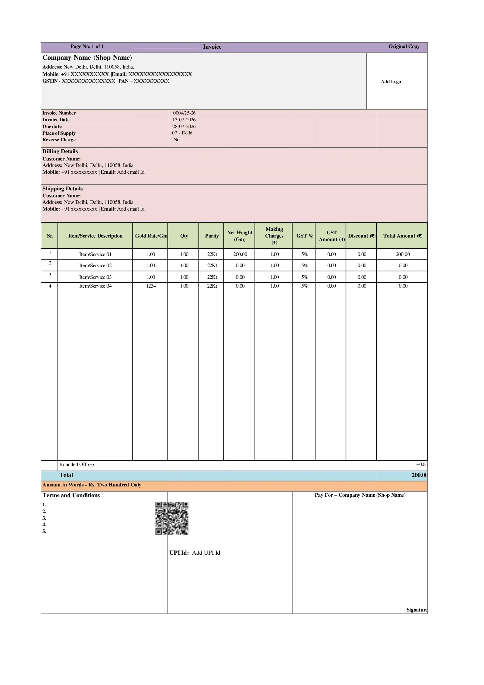 Jewellery Shop Invoice Template 3 Preview