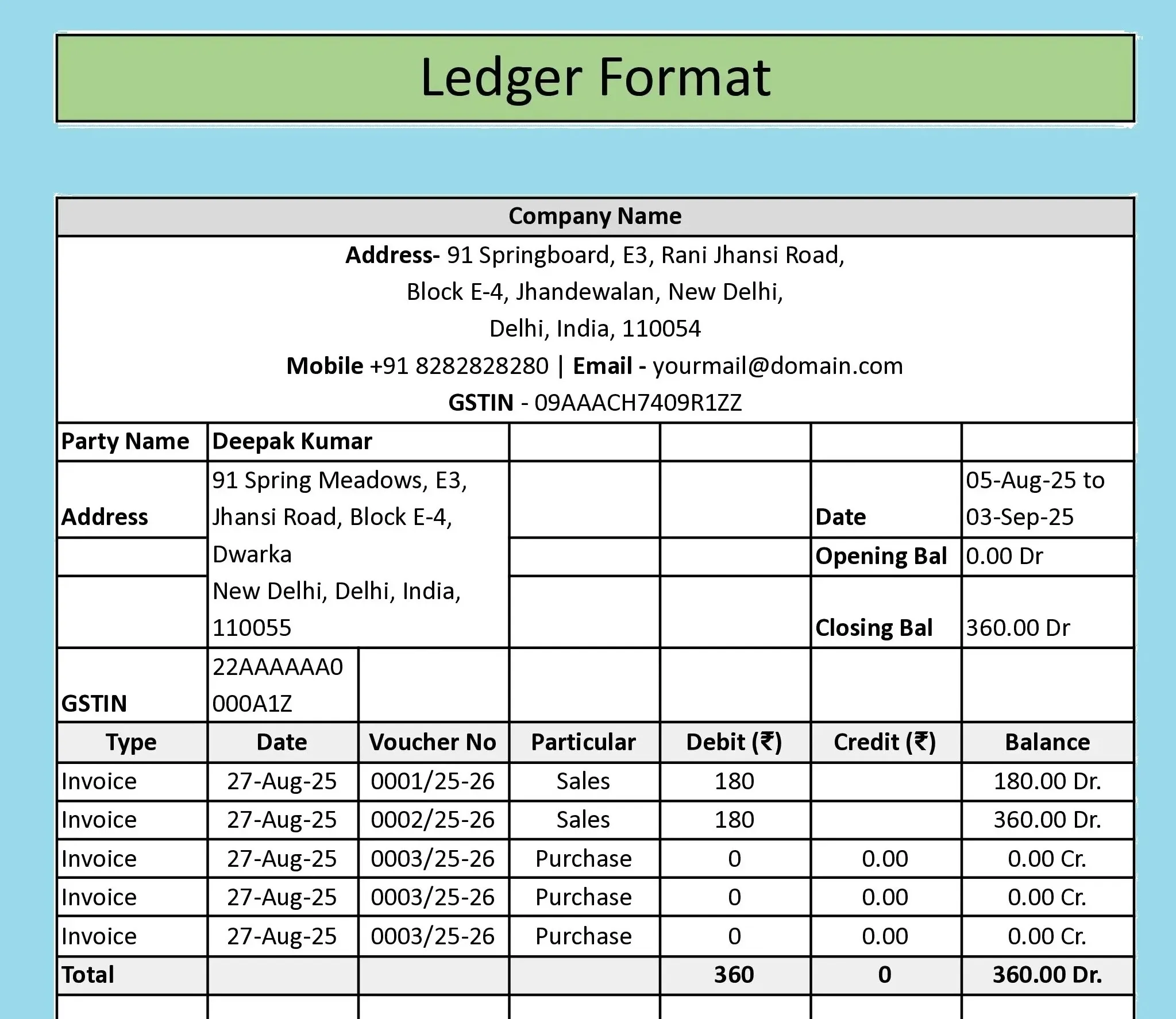 ledger account format in excel for customer cash and party records