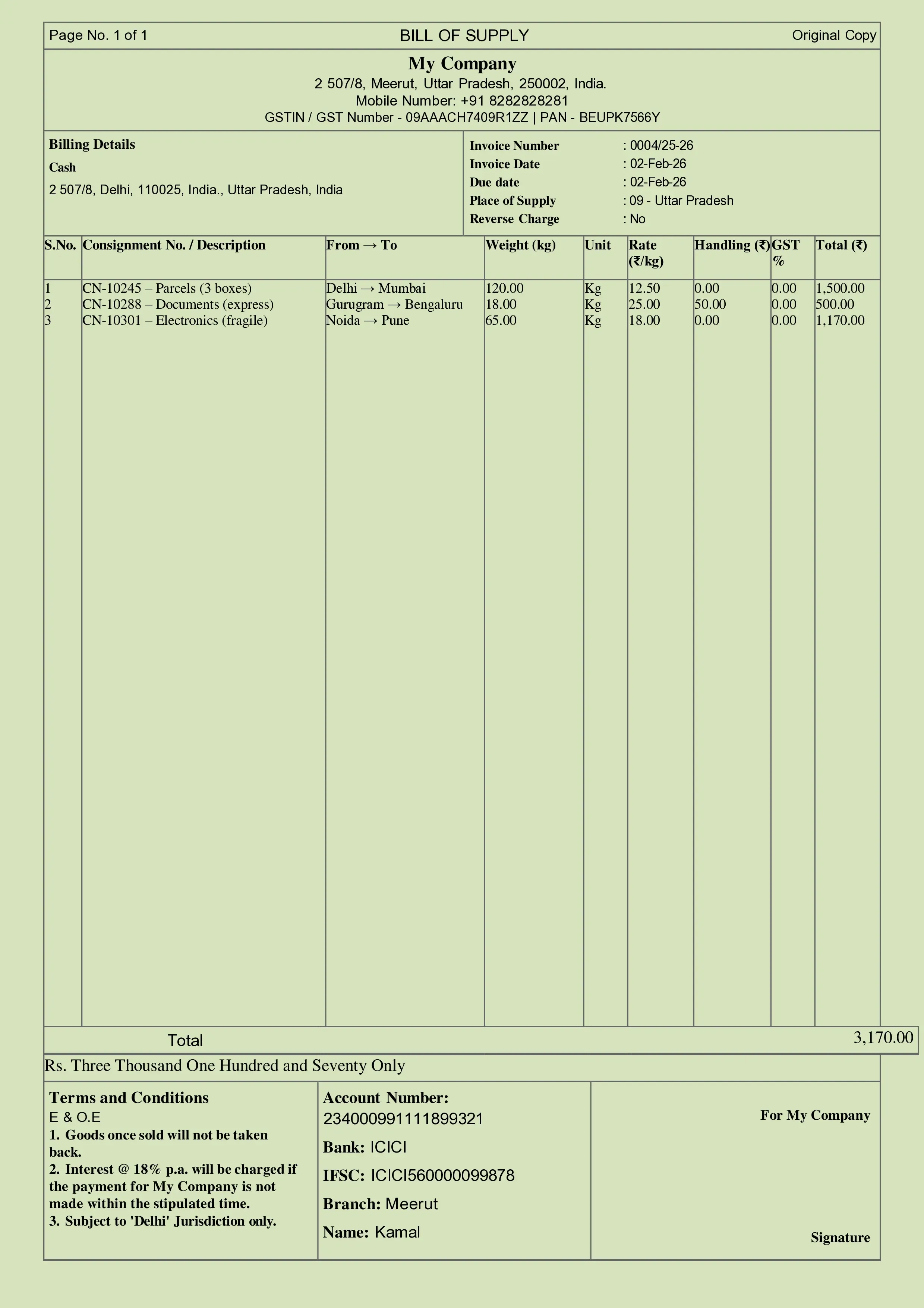 Logistics Bill Format Preview