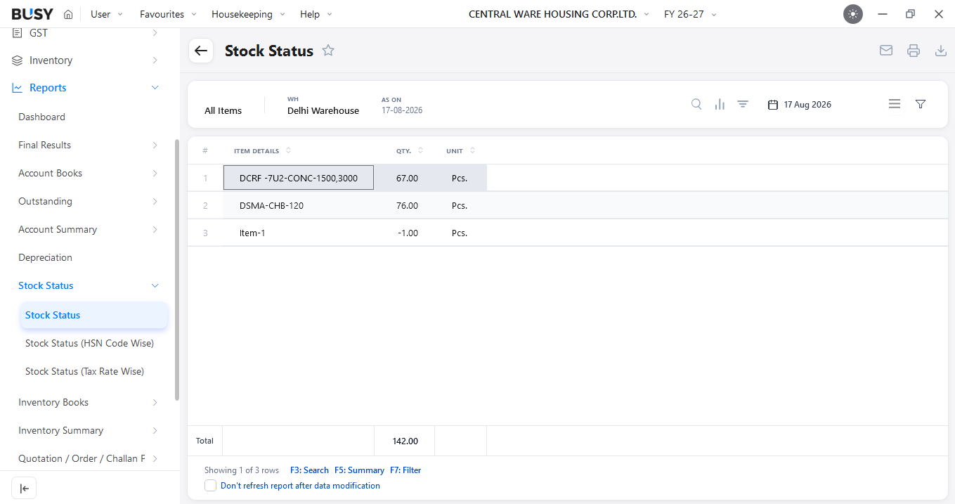 Advanced Filters to select the warehouse range in the Stock Status report