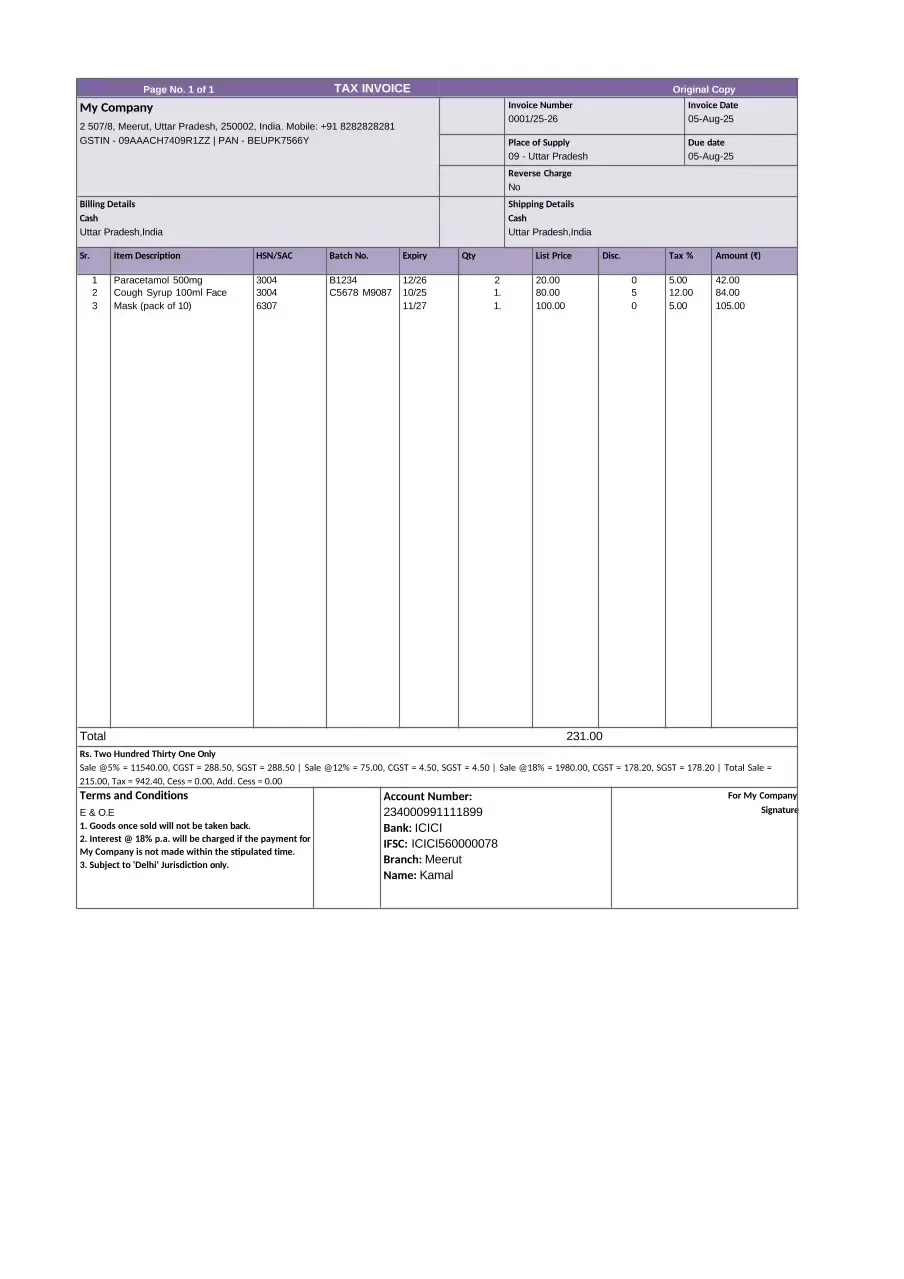 Pharmacy Shop Invoice Template 3 Preview