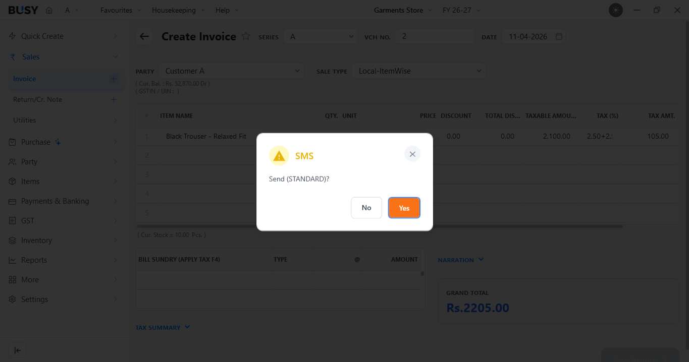 Prompt asking whether to send the message