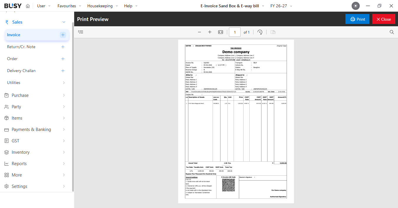 Print invoice with e-invoice QR code and IRN number in BUSY