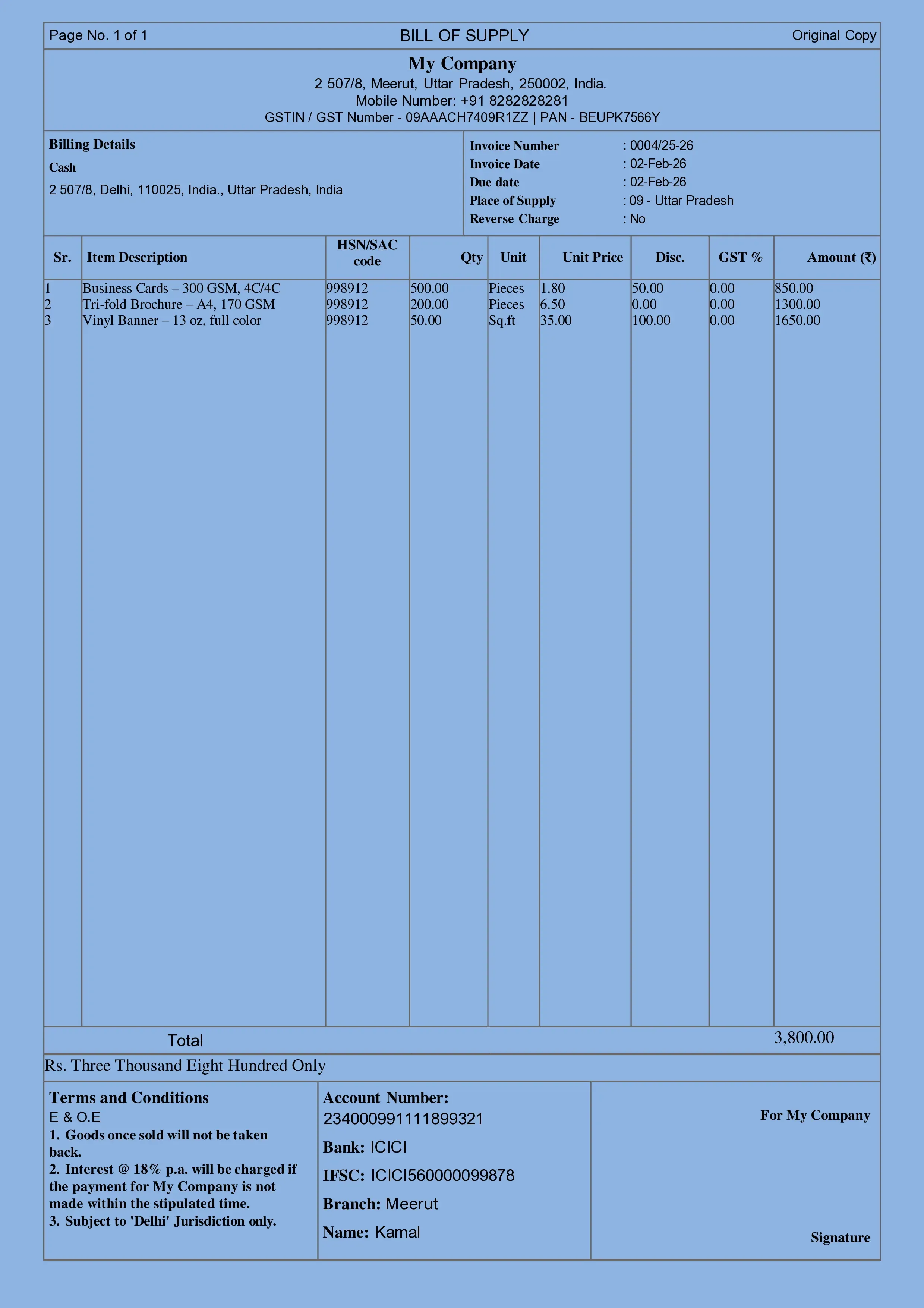 Printing Bill Format Preview