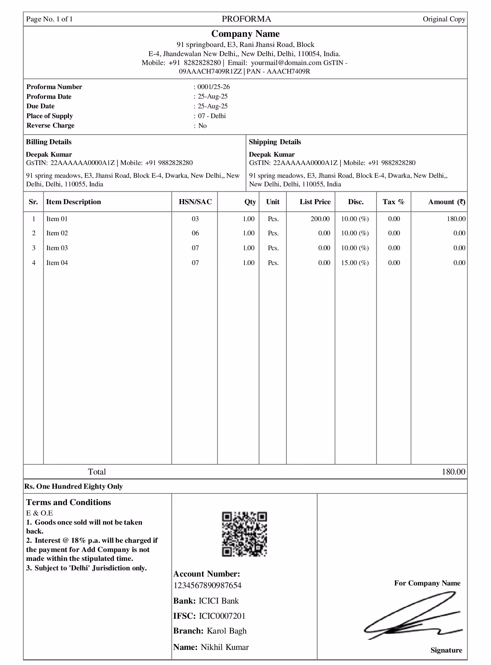 pro forma invoice format showing product details tax and total value