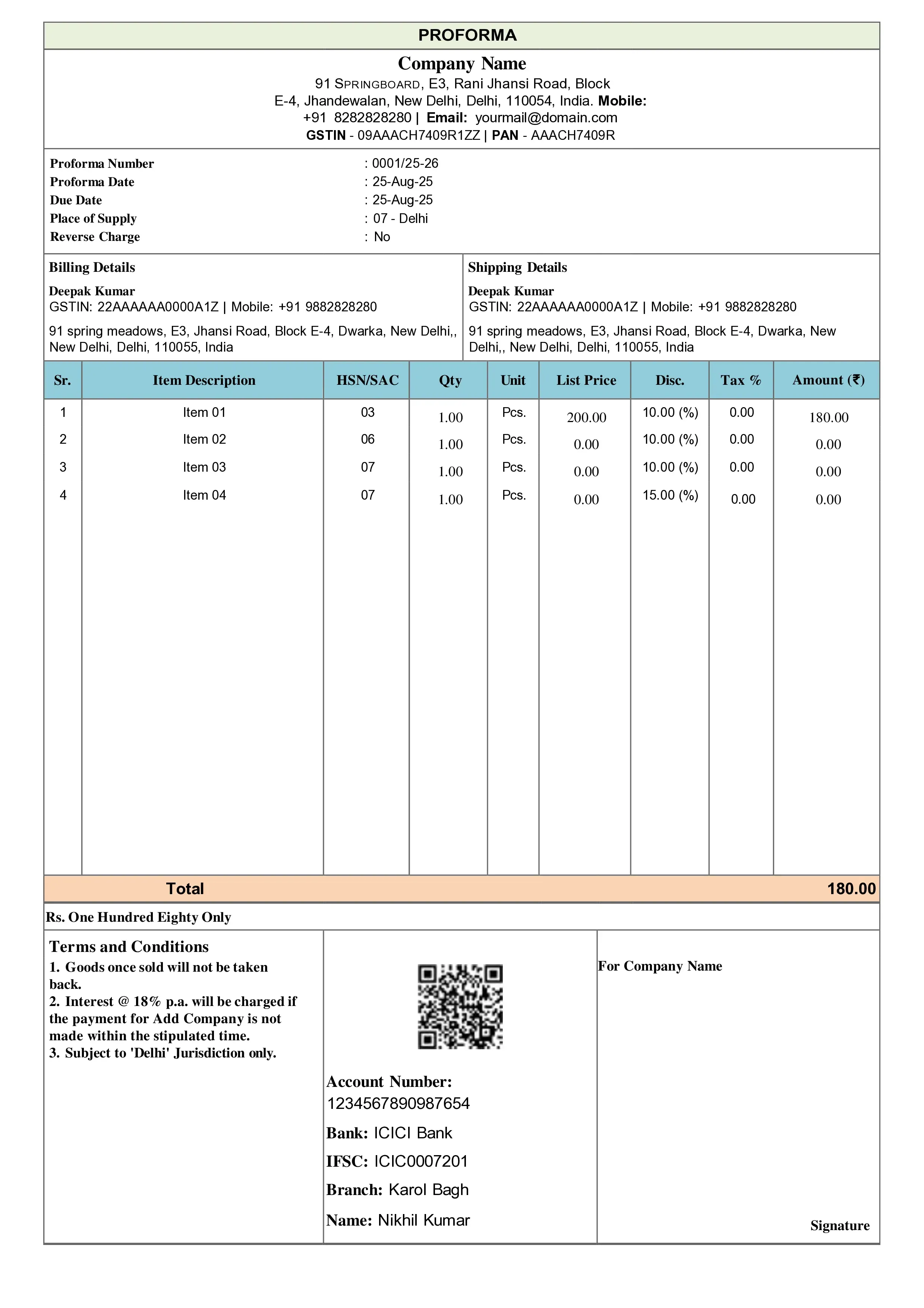 proforma invoice sample used before issuing final tax invoice