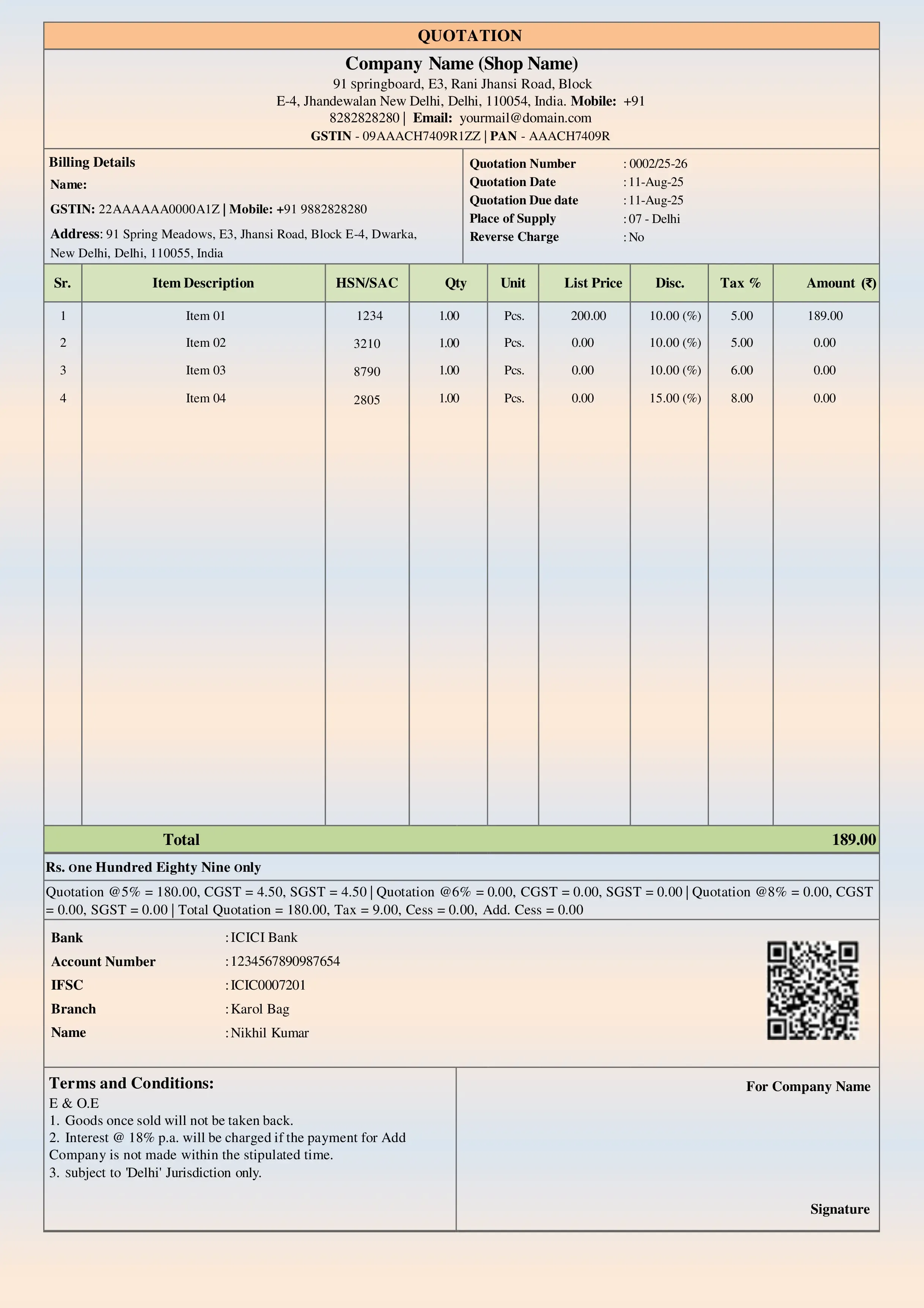 quotation format sample showing item description quantity rate and total amount