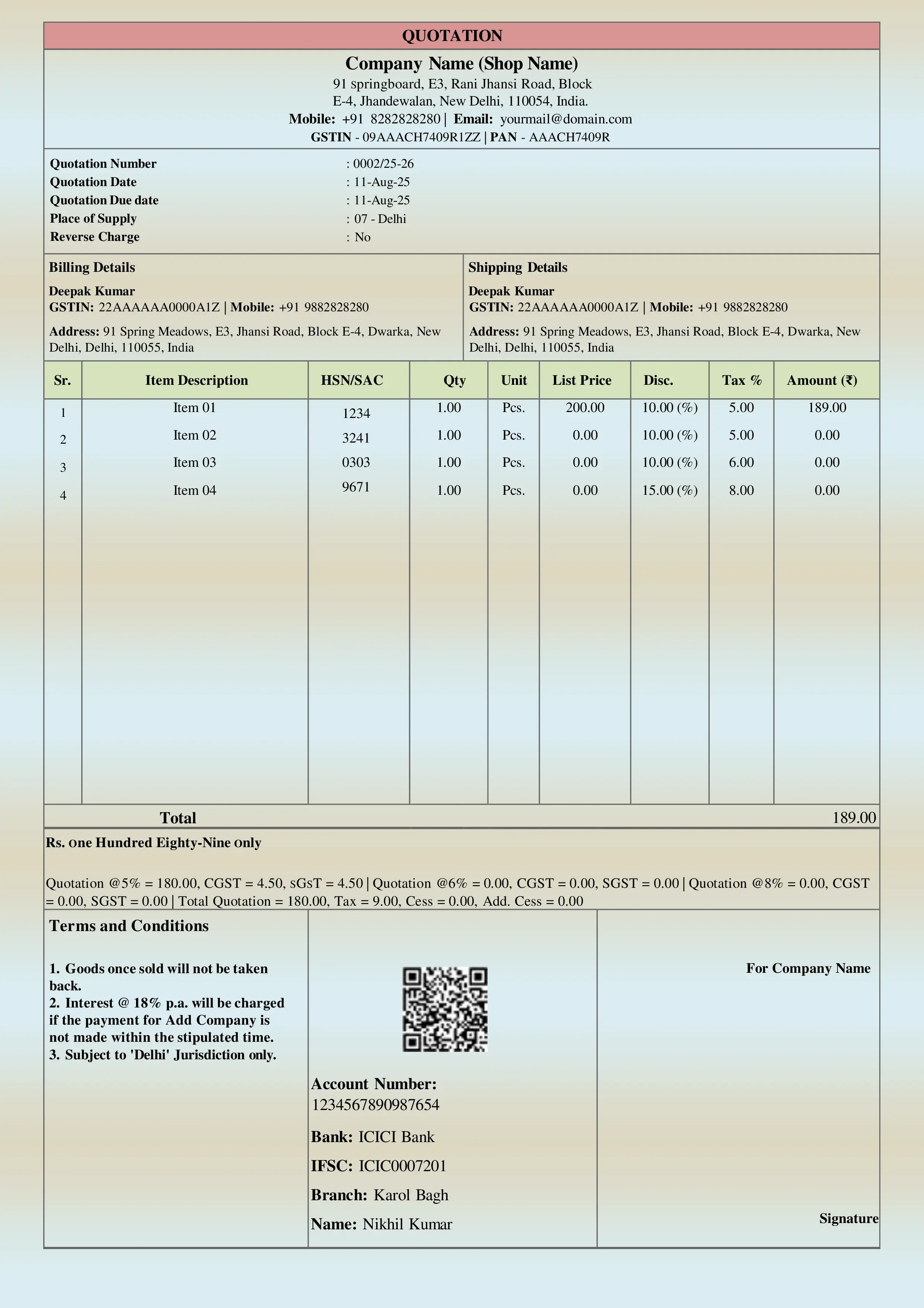 sales quotation format used for products and services with gst clarity