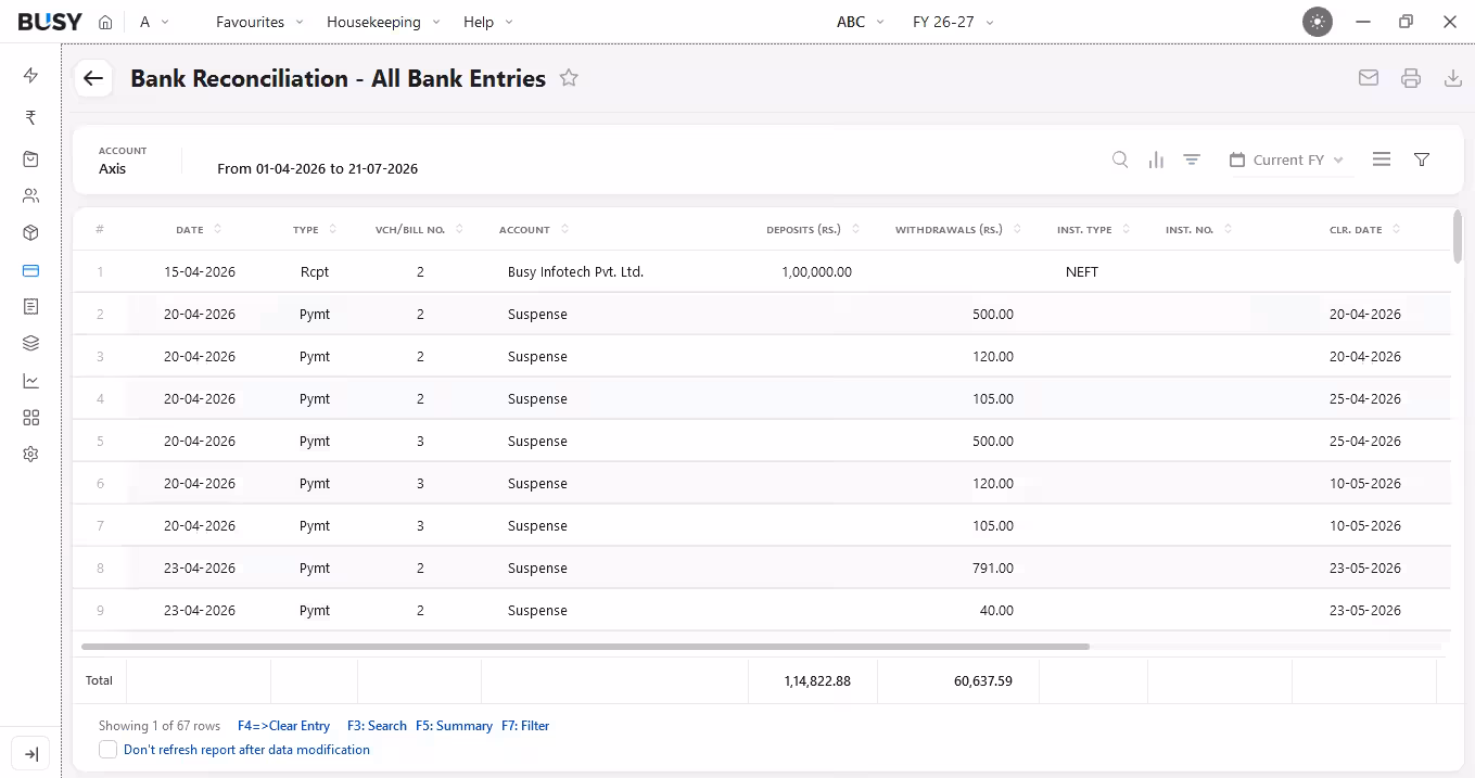 Bank reconciliation and ledger matching in BUSY