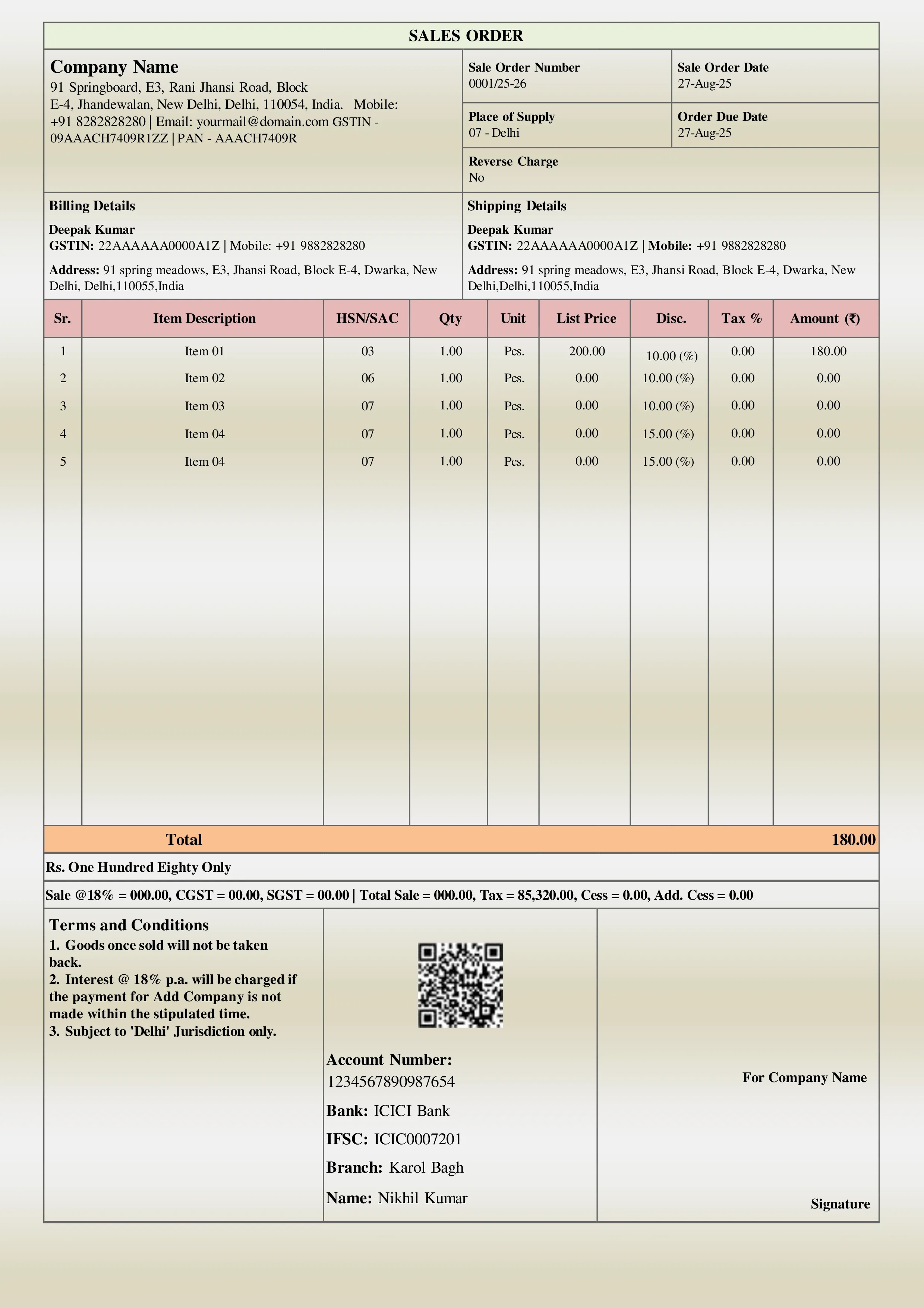 sales order book format used by traders and manufacturers