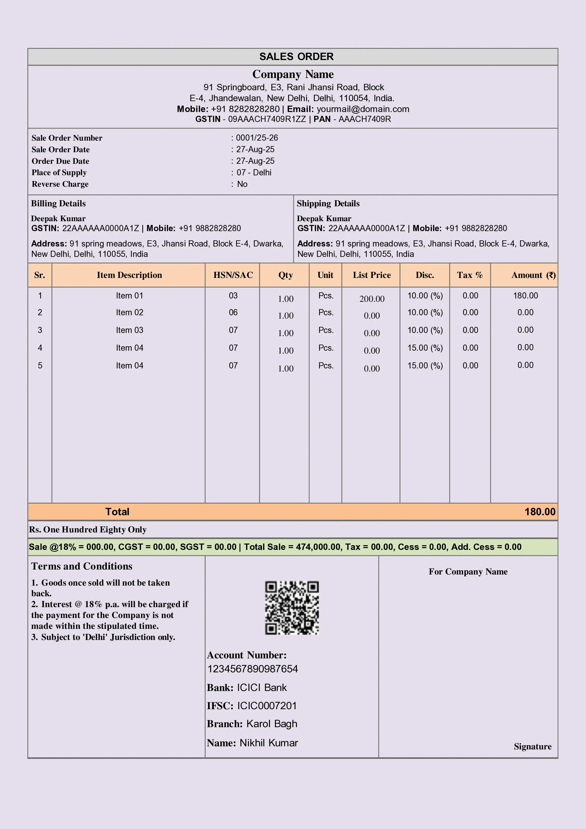 sales order format sample with approved quantity rate and delivery date
