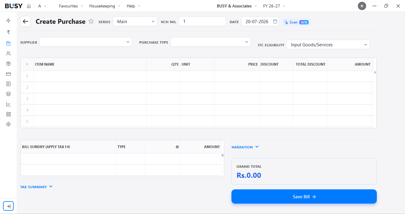 Scan option on the Create Purchase screen in BUSY