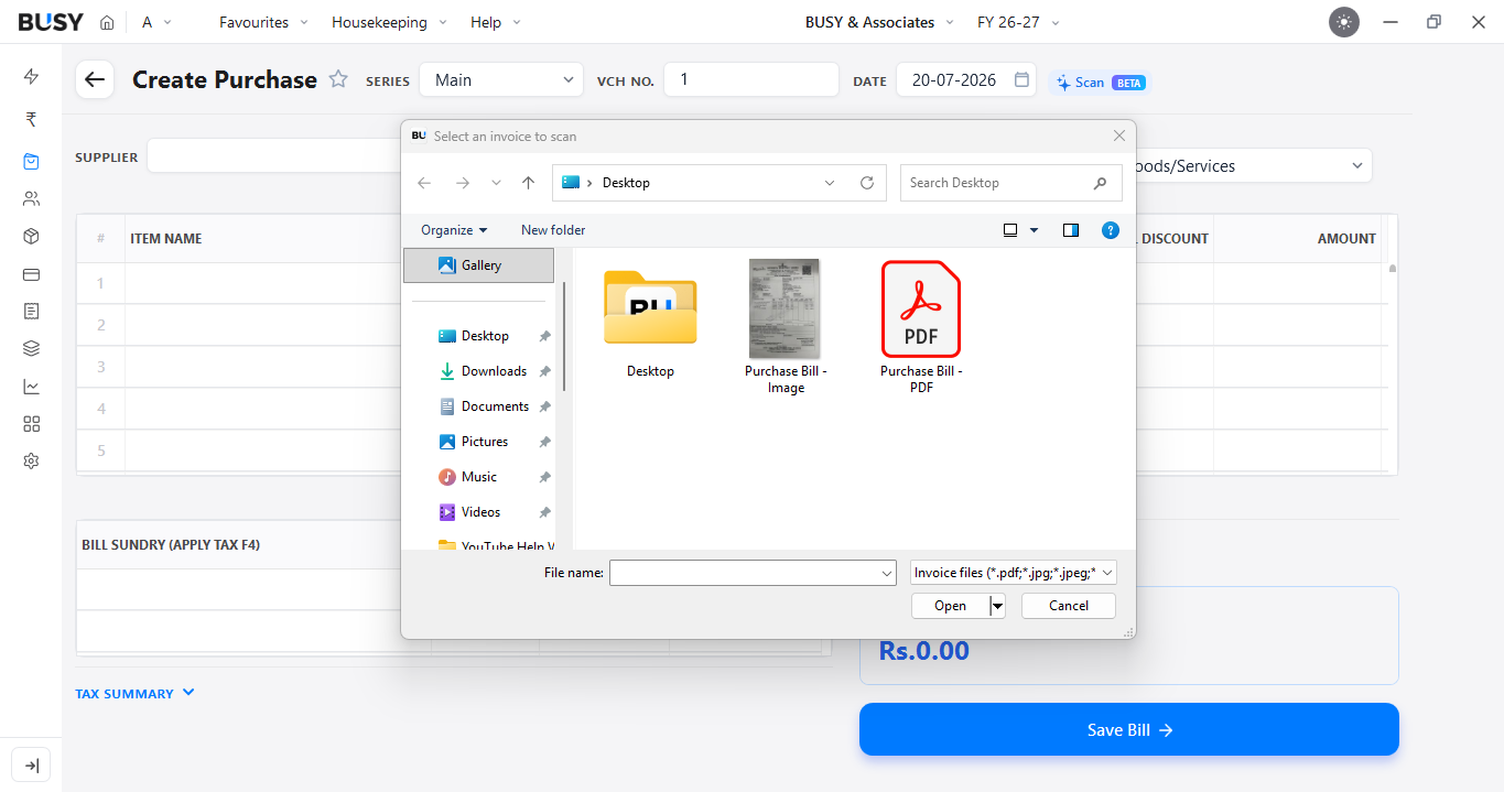 Selecting a purchase bill image or PDF to scan