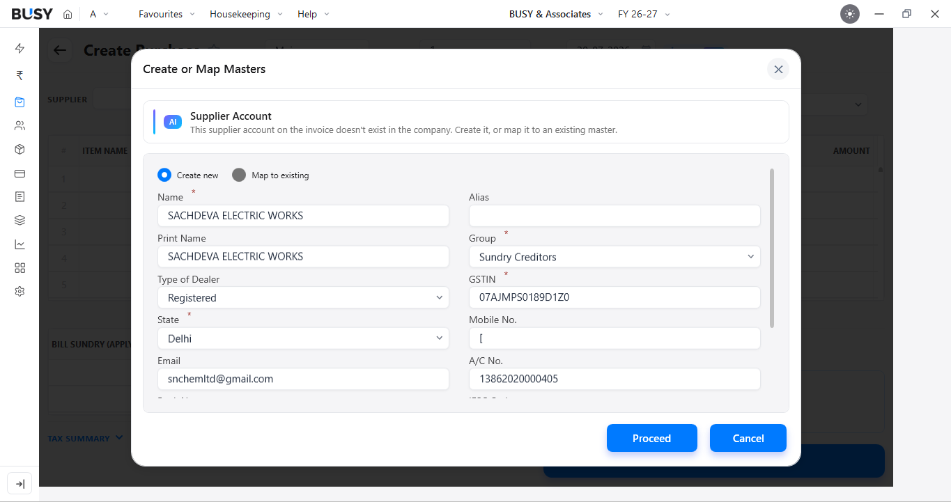 Create or map the supplier account detected on the invoice