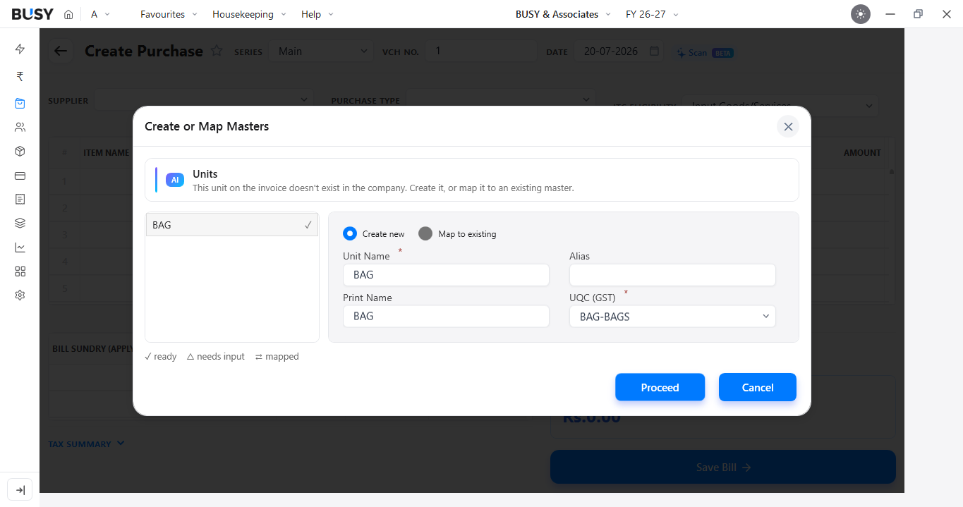 Create or map the unit detected on the invoice