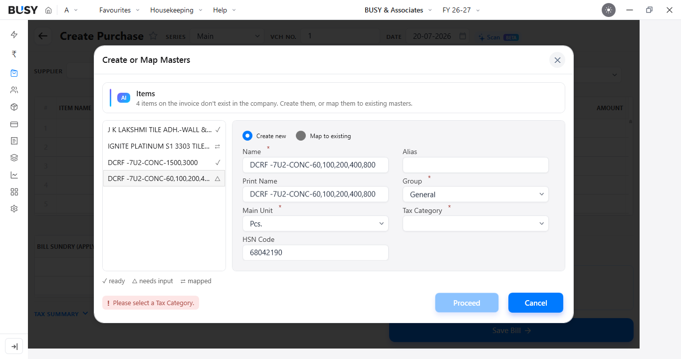 Create or map the items detected on the invoice