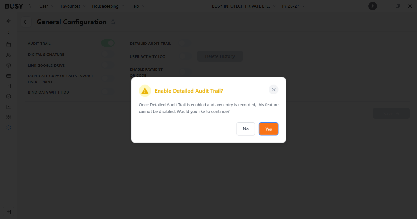 Confirmation message before enabling Detailed Audit Trail