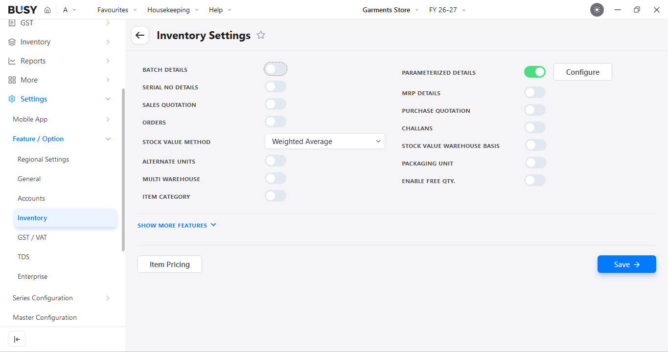 Parameterized Details enabled in BUSY Inventory Settings